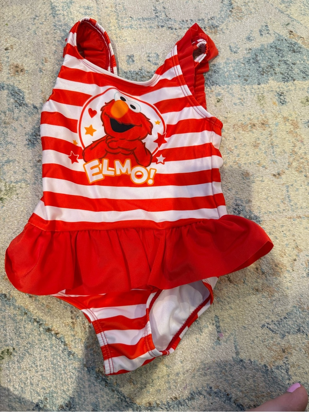 Sesame Street Red & White Striped Toddler Swimsuit with Ruffle